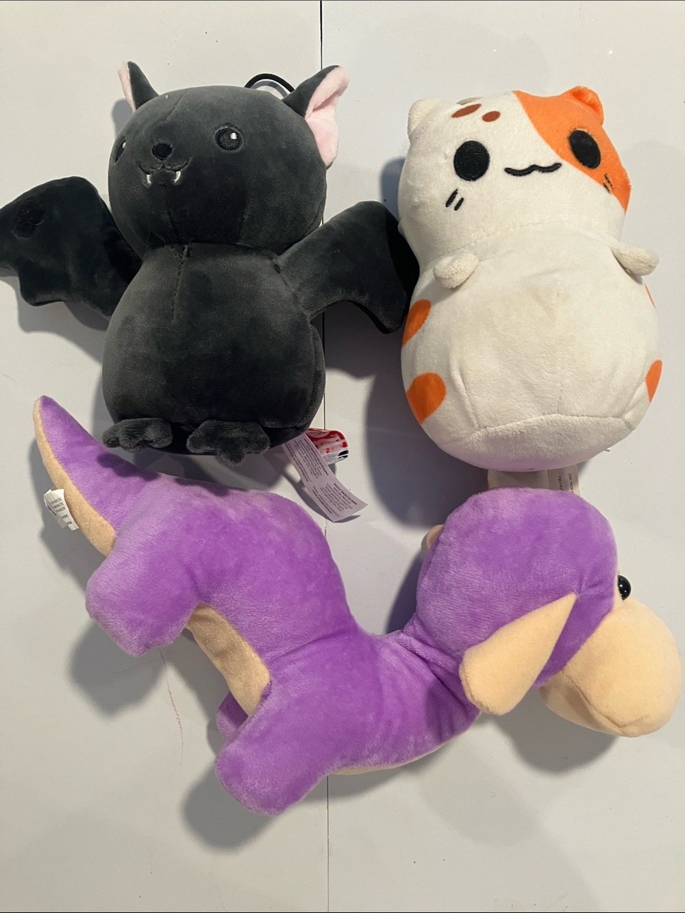 Set of 3 kids Plushies - Black Bat, Cream & Orange Klepto Cat, Purple Camel